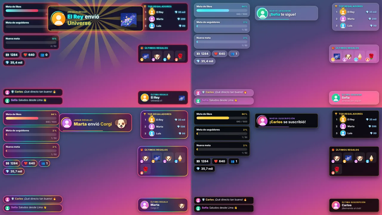 Cuatro de los estilos del overlay, con alertas, metas y ranking