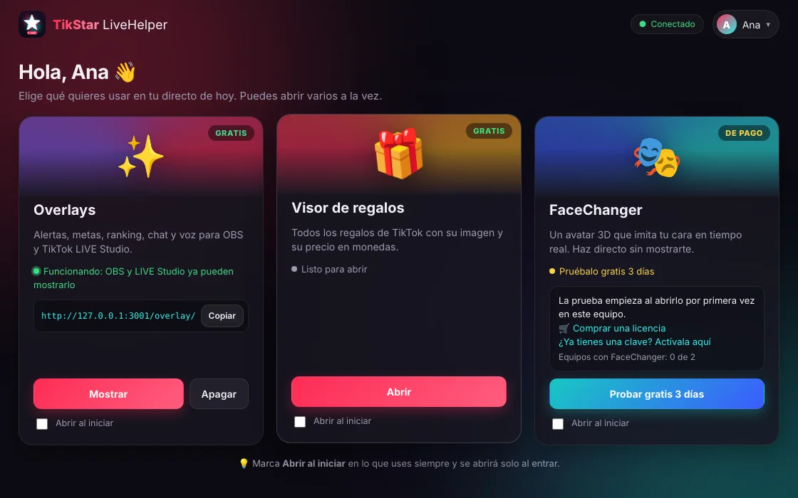 Menú de inicio de TikStar LiveHelper con las tres herramientas