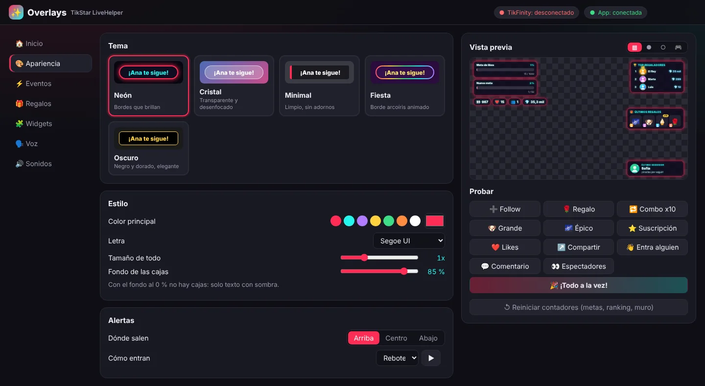 Panel de los overlays con vista previa en directo